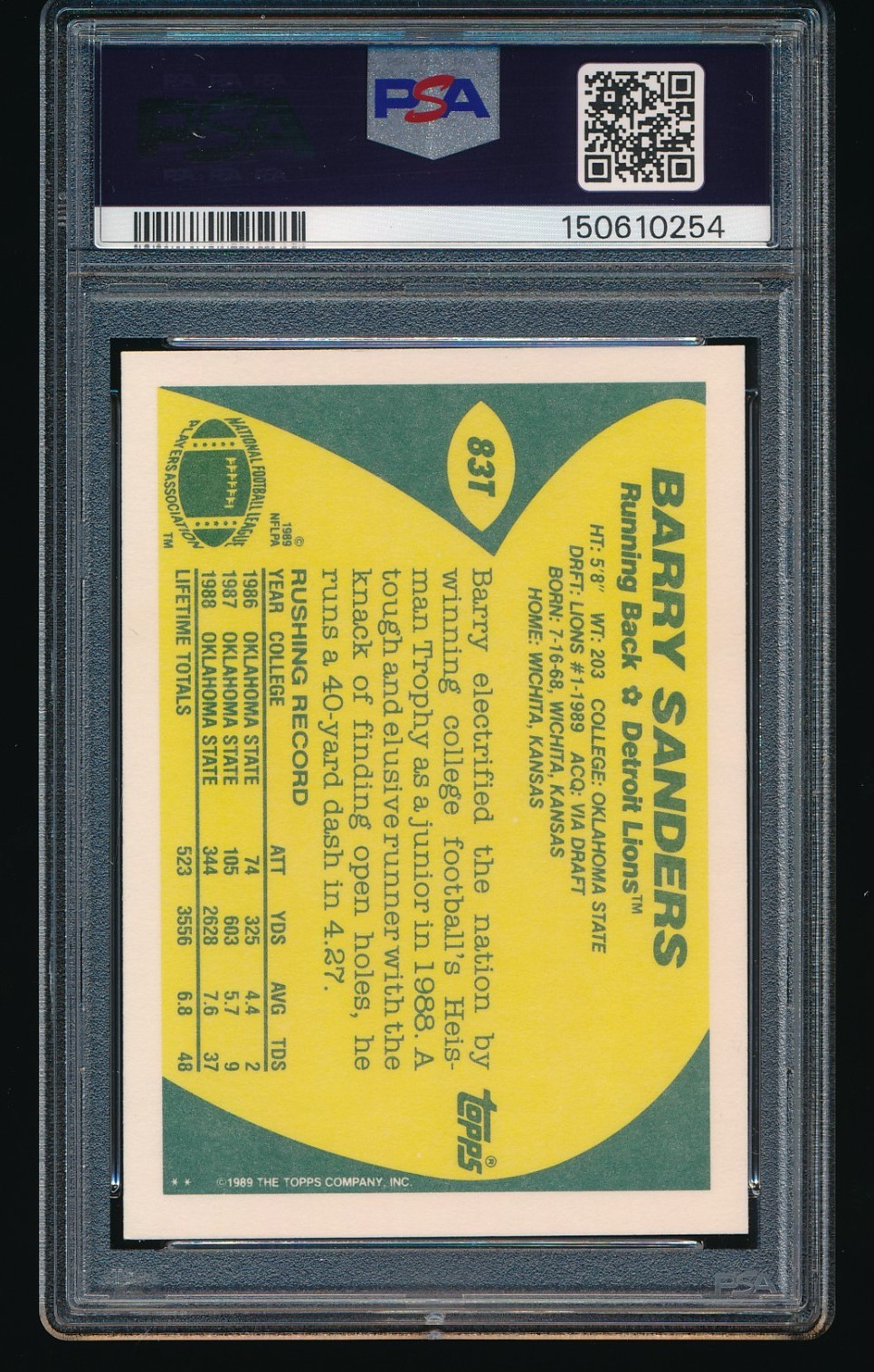 1989 Topps Traded #83T Barry Sanders Signed Rookie Card PSA AUTH/10 AUTO 254 view 2