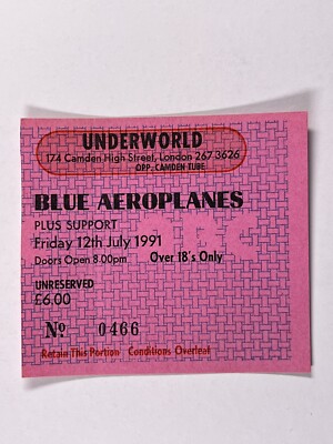 Blaues Aeroplanes Konzertticket Original Unter Welt Camden London 12. Juli 1991