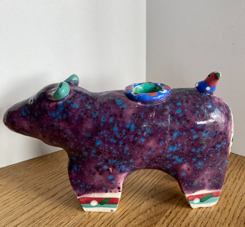 Vintage Folk Art Pottery Whimsical Purple Blue Spotted HIPPO Bird Candle Holder - Picture 4 of 22