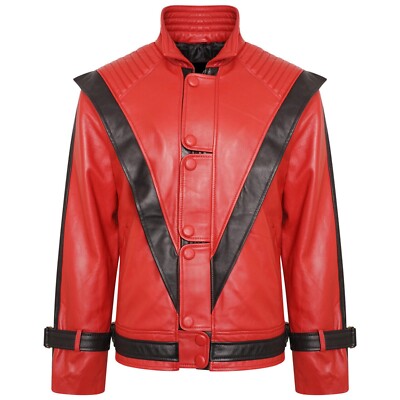 Pop Star MJ Red Thriller Classic Bomber Vintage Mens Casual Red Leather Jacket