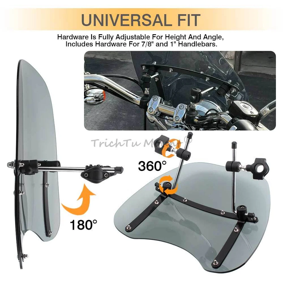 Universal 17"x16" Smoke Windshield For Harley Honda 7/8" 1" Handlebar Motorcycle Foto 4 de 4