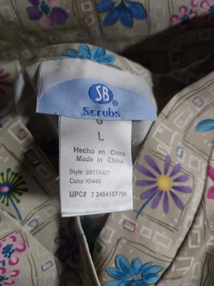 SB Scrubs Scrub Top size L-Tan/Pastel Floral Classic V-Neck-Chest 25"/L 28" - Image 3 of 4