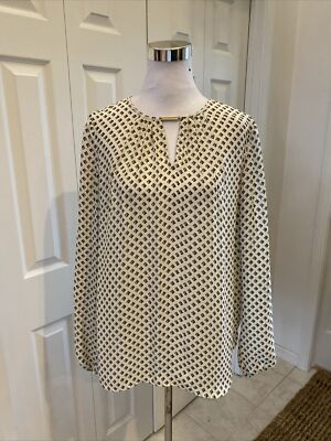 Michael Kors Ivory Gold Geometric Keyhole Chiffon Blouse 14 NWOt