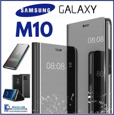 FLIP COVER FOR SAMSUNG GALAXY M10 CLEAR VIEW 360° BLACK MIRRORED BOOK CASE