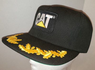 Vtg CAT Caterpillar Captain Patch Snapback Black Gold Leaf Retro Trucker Hat Cap