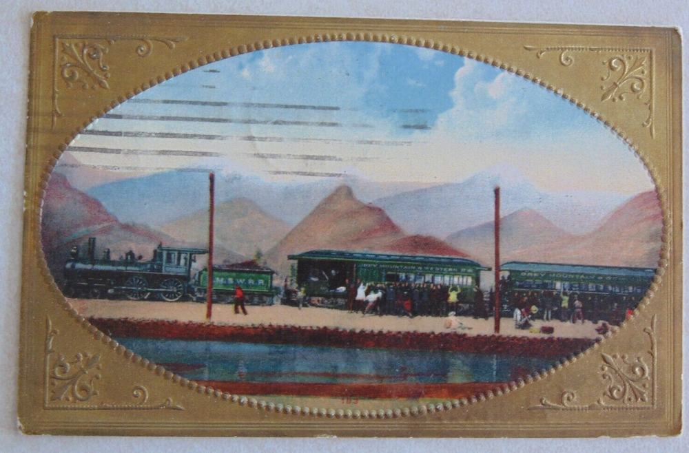 E1693 Postcard Train Mountains Gold Foil