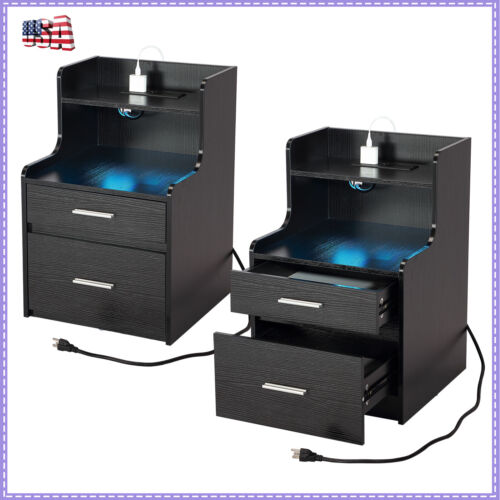 Set of 2 LED Nightstand SideTable 2 Drawers with Power Outlets and USB Ports - 第 1/6 張圖片