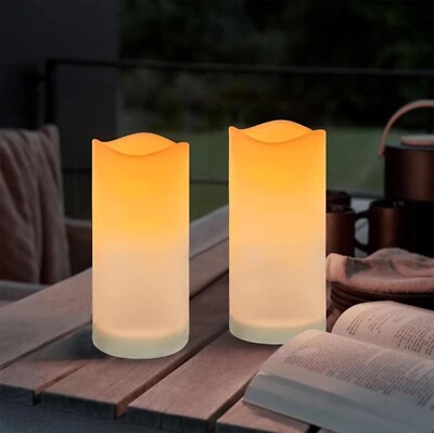 2er Pack Solarbetriebene Außenkerzen Wasserdicht LED Flammenlos Stumpenkerze Neu