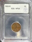 1922 D Small Cents Lincoln, Wheat Ears Reverse ICG VF-25 IDC Verified