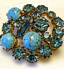 Vintage Floral Faux Turquoise Cabochon Rhinestone Domed Brooch Costume Jewelry