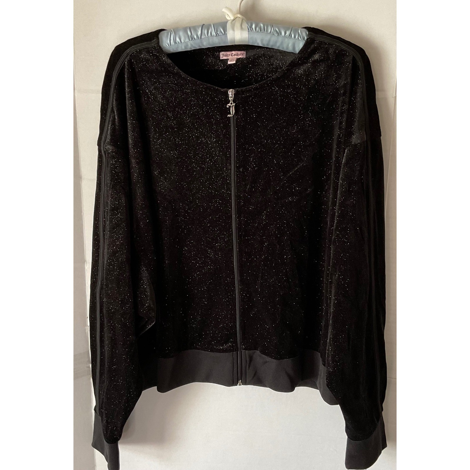 Juicy Couture Women's XL Black Glitter Velour Zip Up Jacket Batwing Sleeve