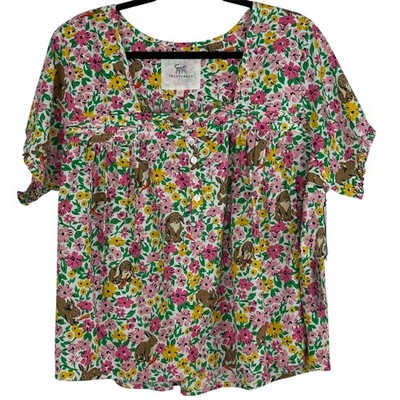 Printfresh Bunny Trail Spring Meadow Pajama Top NEW 2X Short Sleeve Floral Pink