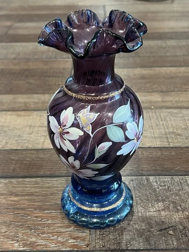 Bill Fenton 50 Art Glass MULBERRY Hand Painted Floral Butterfly SIGNED VASE 1996