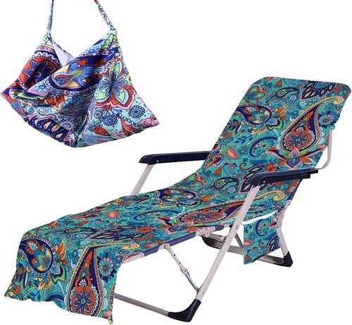 Paisley Beach Chair Cover with Side Pockets Thick and Quick Dry Chaise Lounge