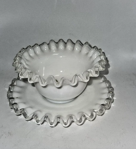 VINTAGE Fenton Glass White Silver Crest Petticoat Glass Mayo Set Bowl and Plate