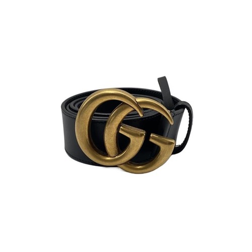 GUCCI Double G Wide Belt Leather Belt Black Plain Men's 400593