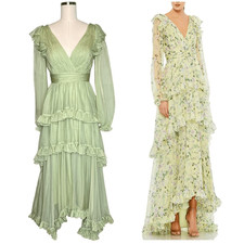 Mac Duggal Sage Green Chiffon Tiered Ruffle Puff Sleeve Gown | 2