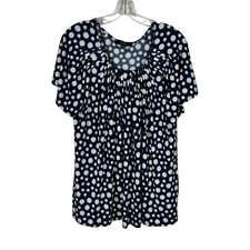 NAIF Navy Blue White No-Iron Stretch Ruched Neckline Short Sleeve Shirt Large L