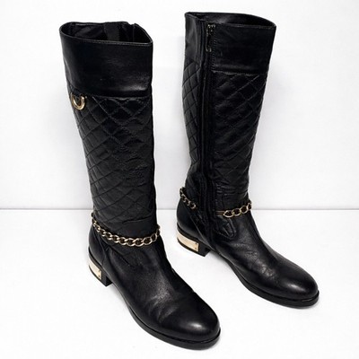 Giovanni Fabiani Italian Leather Knee-High Boots   Black Quilted   Gold Chain