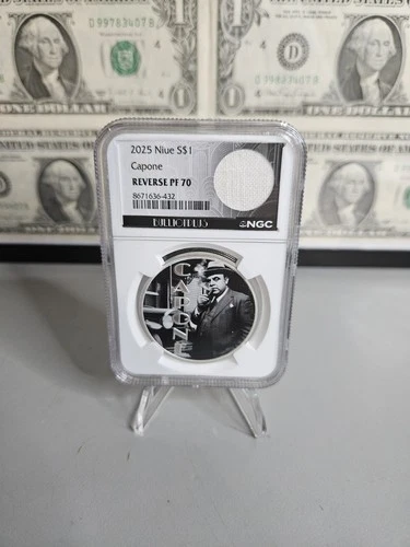 2025 Niue “Al Capone” 1oz Silver $1 Reverse Proof PF70 NGC • W/Tablecloth Swatch