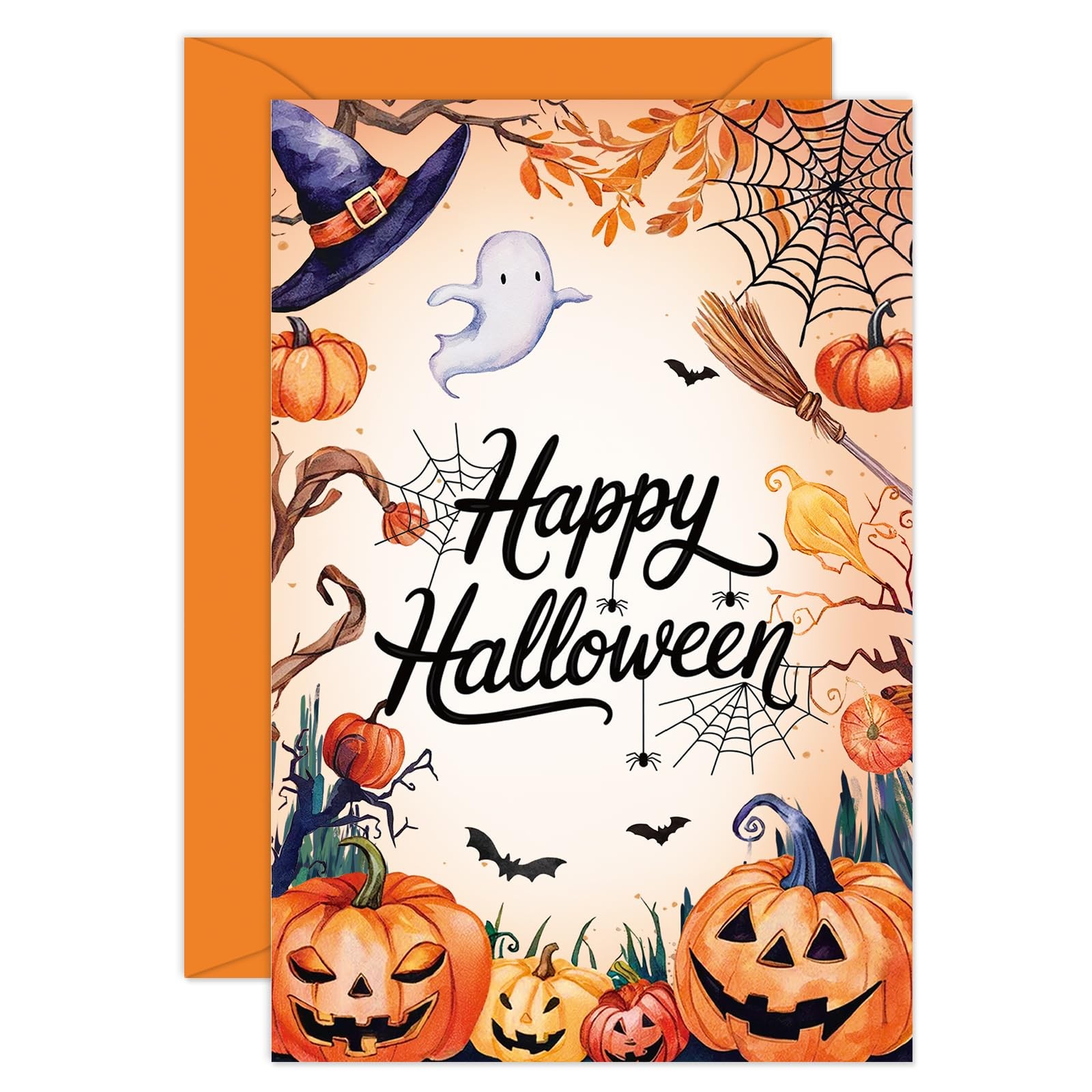 24 Pcs Happy Halloween Greeting Cards Pumpkin Ghost Bat Blank Note Cards with En