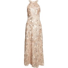 BETSY ADAM Sequin Floral Sleeveless Gown Halter Neck Champagne - Size 4
