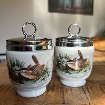 Royal Worcester 2 Egg Coddler, Bird, white with hand paint (Fine Porcelain)