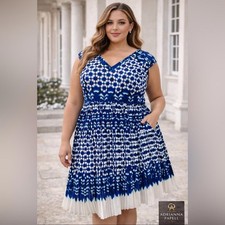 Adrianna Papell Ikat Fit & Flare Midi Dress Blue White  Pleated V-Neck Sz 14 NWT
