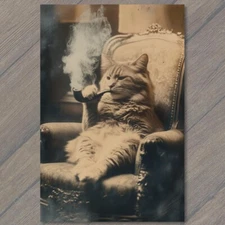 Art Print Anthropomorphic Cat Chair Smoking Pipe Retro Feline Funny Unusual Fun