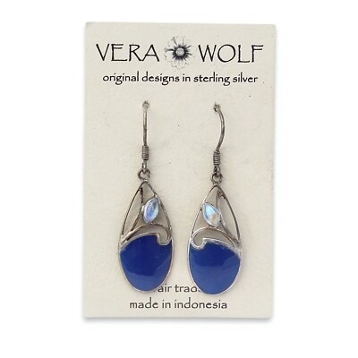 Vera Wolf Rainbow Moonstone & Blue Glass Sterling Silver Dangle Earrings
