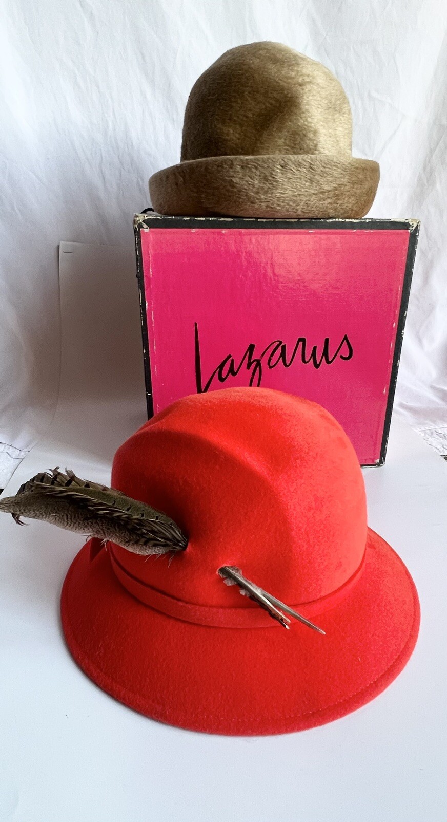 Lot of 2 1960-70 Vintage Wms Red Wool Adolfo Camel Mohair Hat W/dep. Store Box