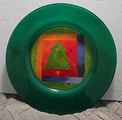Crate & Barrel DIBBERN Green Fused Glass Christmas Tree Platter 13'' Germany Pics