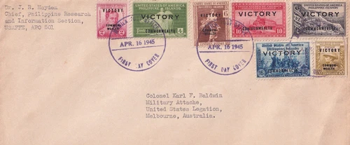 WW2 1945 Philippine Victory over print on USA stamps FDC to Melbourne Australia