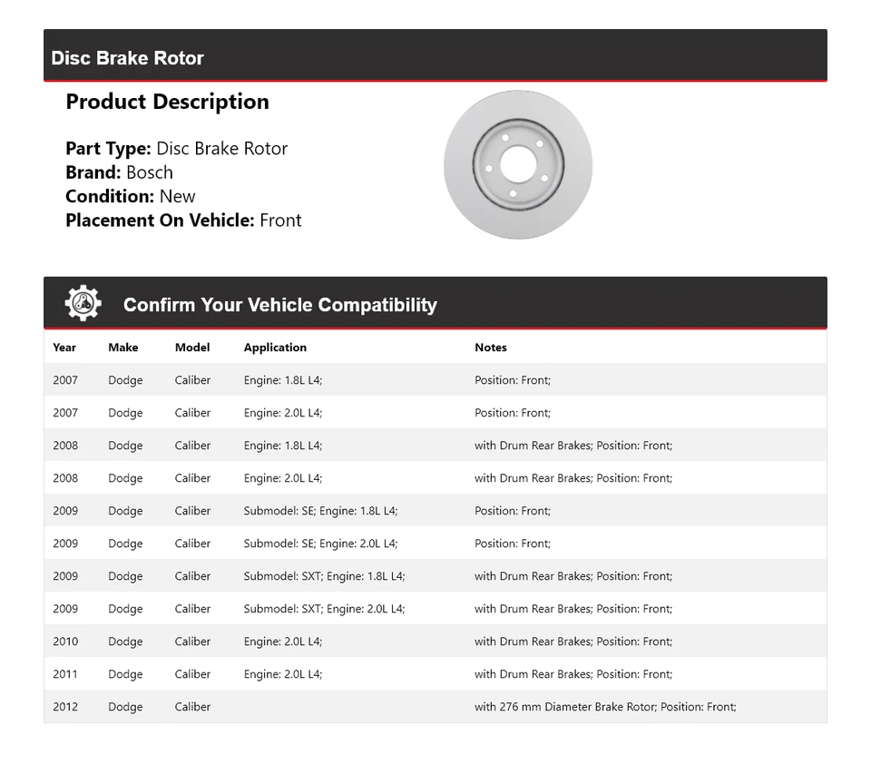 Rotor de freno de disco delantero para Dodge Caliber Bosch QuietCast 2007-2012 2008 2009 Foto 2 de 4