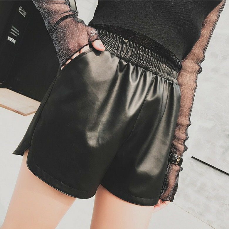 Korean Women Synthetic Leather Short Pants Waist Shorts Wide Leg
