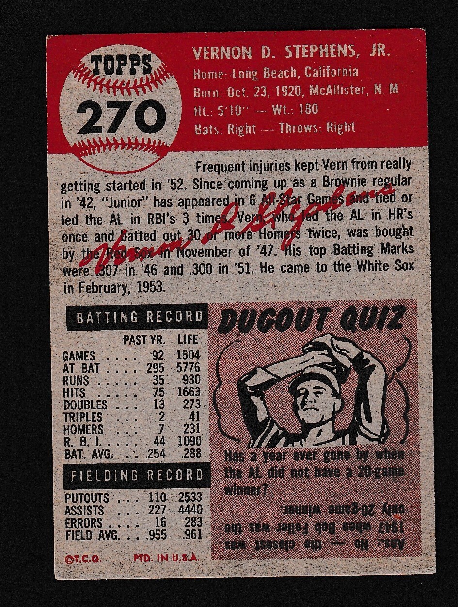 1953 Topps 270 Vern Stephens Baseball Card Set Break!! eBay