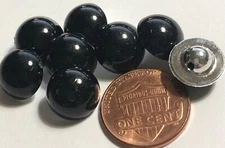 8 Small Domed Glossy Black Plastic Shank Buttons Just Over 7/16" 11.8mm 12413