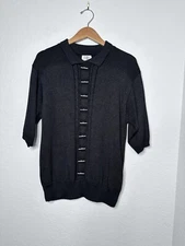 Fia Italia Sweater Womens Size L Black Handloomed Top Collar Short Sleeves VTGE