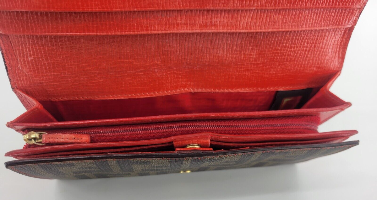 Fendi Monogram Long Folding Wallet Women Zucca Red Interior: Ships