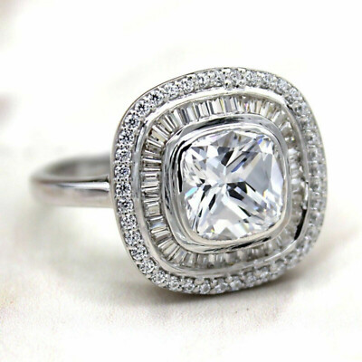 Cushion Cut 3.40Ct Diamond White Gold Finish Engagement Ring Simulated in Size 9