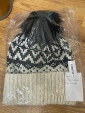 Old Navy Womens Faux Fur Pom Knit Winter Beanie Hat Black White
