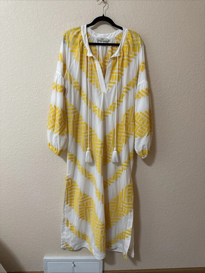 Maxi Vestido Túnica Devotion Twins Balos Bordada Amarillo Blanco Talla S De Gran Tamaño Foto 2 de 4