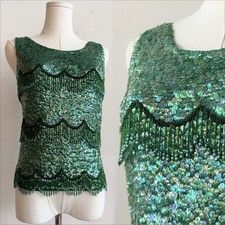 VTG 1950  s Green Wool Sequin  Beaded Top, MCM
