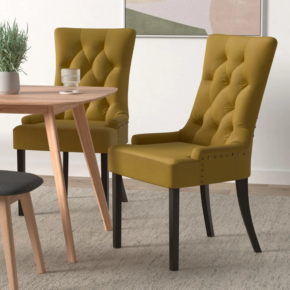 Silla auxiliar Farren para muebles en terciopelo amarillo y acabado espresso Foto 2 de 4
