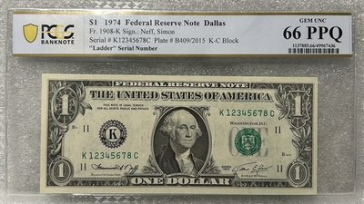 #ad LADDER Serial Number Dollar $1 PCGS 66 PPQ GEM UNC FR#1908 K12345678C BOOM BILL $4999.95