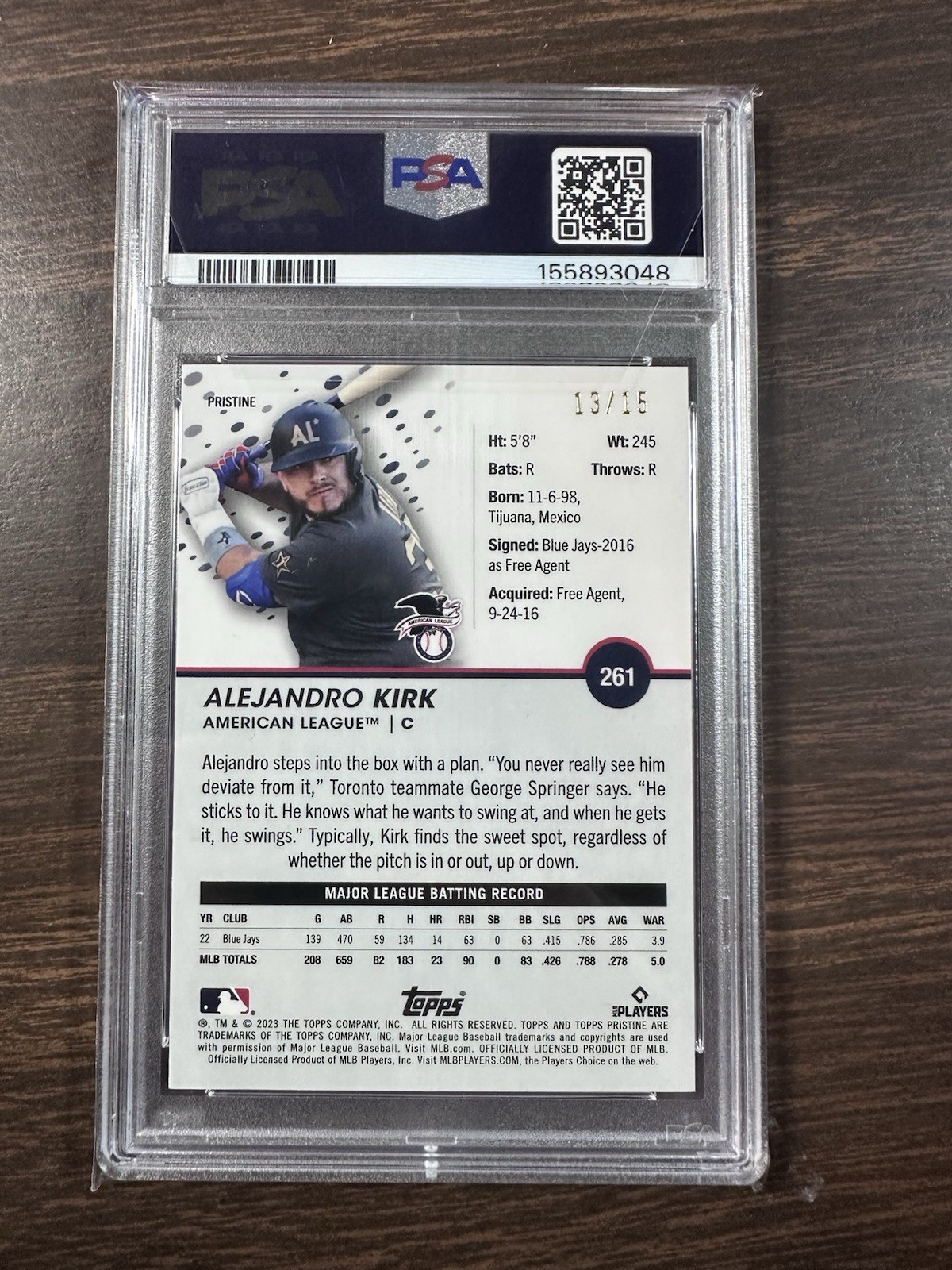 Alejandro Kirk 2023 Topps Pristine - Pristine Pink - /15 PSA 10 Blue Jays view 2