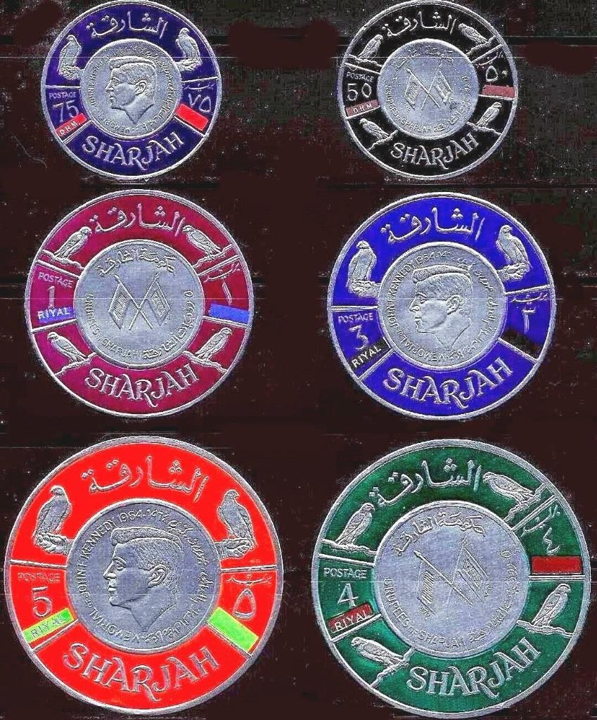👉 SHARJAH/UAE/ARABIA 1966 KENNEDY (COINS) o/PRINT Mi#310-15 MNH CV.17.00 €
