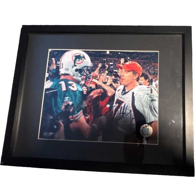Dan Marino and John Elway Signed 8x10 NFL Dolphins Broncos Football Photo Framed