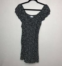 Hollister Black Mini Dress White Floral Print Flutter Sleeves Smocked Size Med
