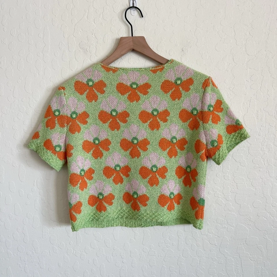 Cárdigan Suéter Zara Tejido Botón Delantero Manga Corta Grande Verde Floral Boho Foto 4 de 4